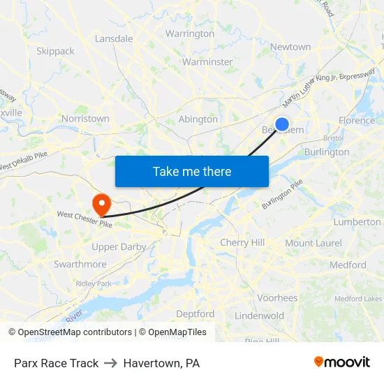 Parx Race Track to Havertown, PA map