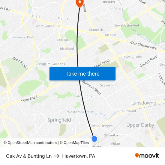 Oak Av & Bunting Ln to Havertown, PA map
