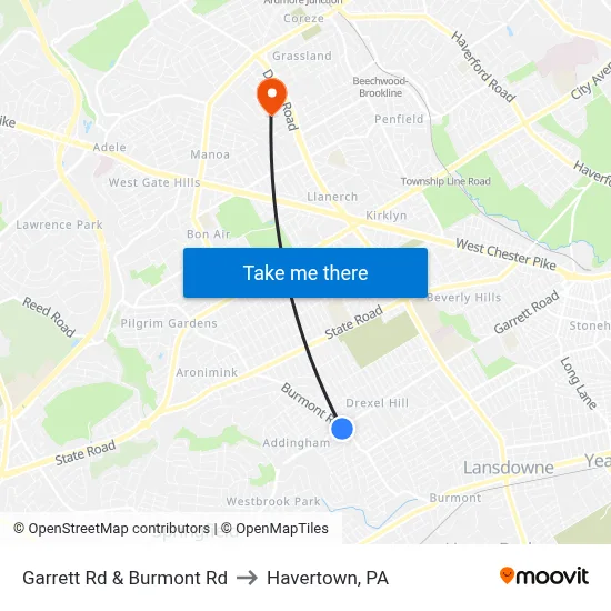 Garrett Rd & Burmont Rd to Havertown, PA map