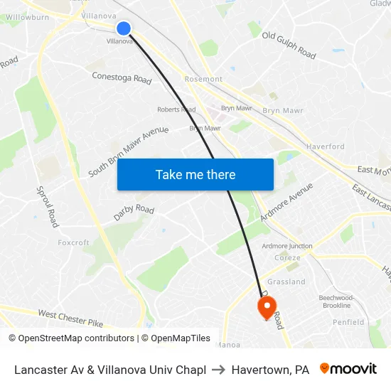 Lancaster Av & Villanova Univ Chapl to Havertown, PA map