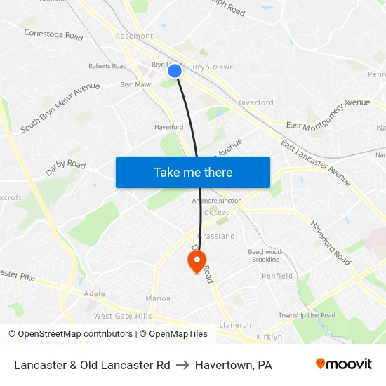 Lancaster & Old Lancaster Rd to Havertown, PA map