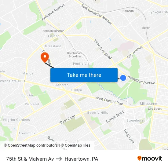 75th St & Malvern Av to Havertown, PA map