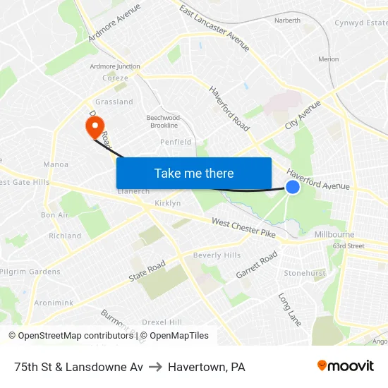 75th St & Lansdowne Av to Havertown, PA map