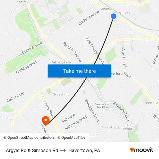Argyle Rd & Simpson Rd to Havertown, PA map