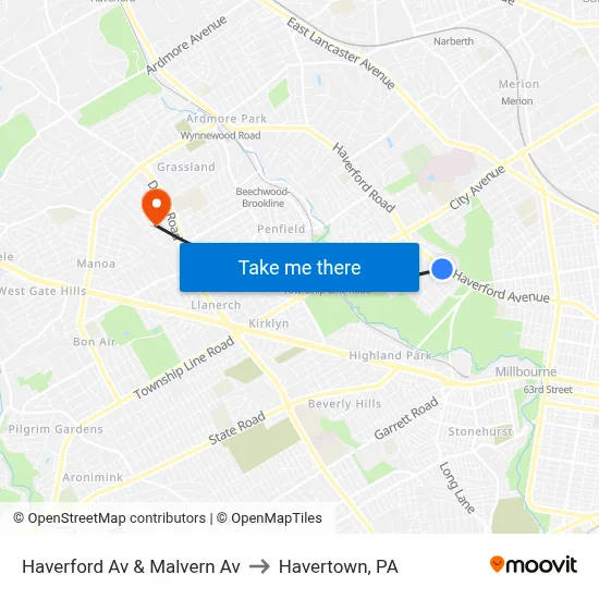 Haverford Av & Malvern Av to Havertown, PA map