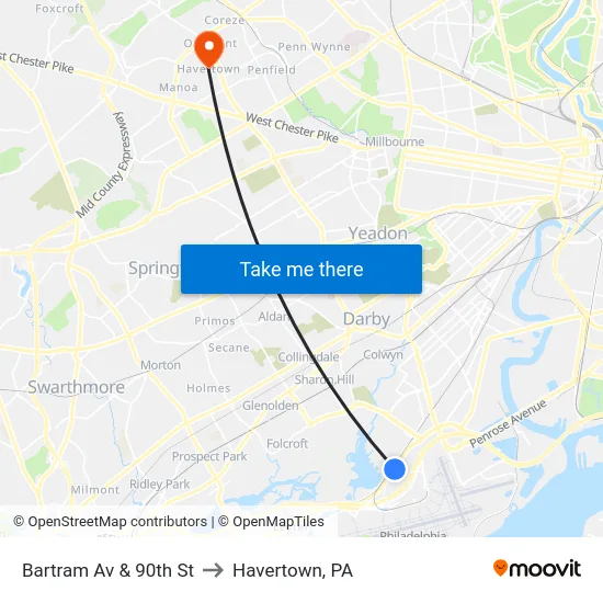 Bartram Av & 90th St to Havertown, PA map