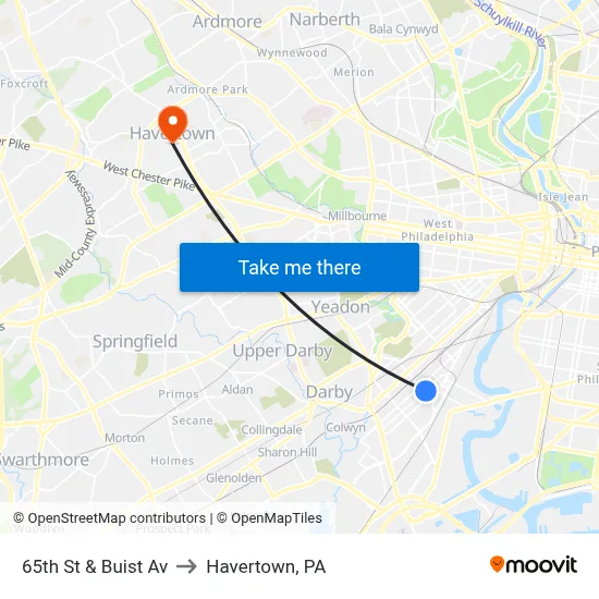 65th St & Buist Av to Havertown, PA map