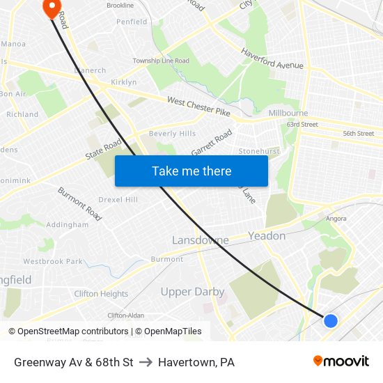 Greenway Av & 68th St to Havertown, PA map
