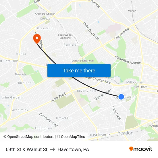 69th St & Walnut St to Havertown, PA map
