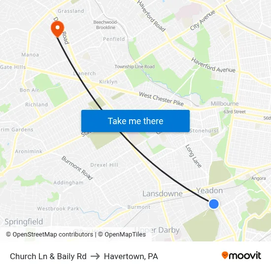 Church Ln & Baily Rd to Havertown, PA map