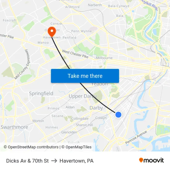 Dicks Av & 70th St to Havertown, PA map