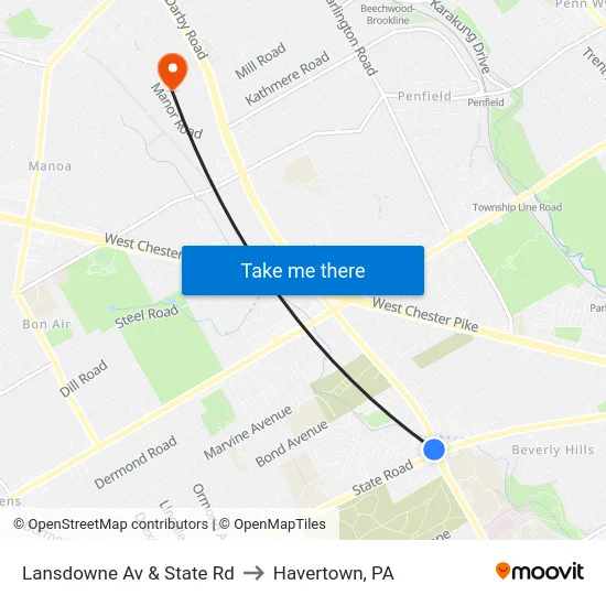 Lansdowne Av & State Rd to Havertown, PA map