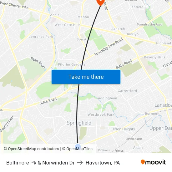 Baltimore Pk & Norwinden Dr to Havertown, PA map