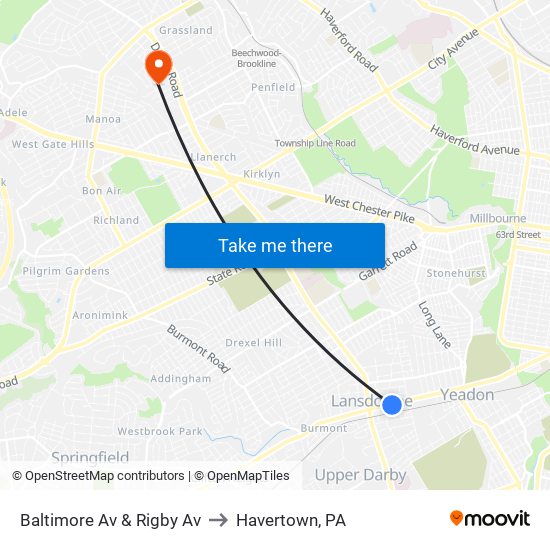 Baltimore Av & Rigby Av to Havertown, PA map
