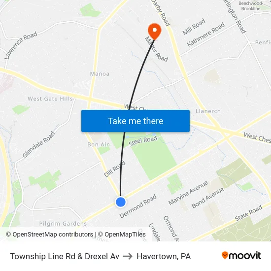 Township Line Rd & Drexel Av to Havertown, PA map