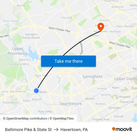 Baltimore Pike & State St to Havertown, PA map
