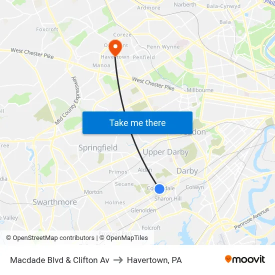 Macdade Blvd & Clifton Av to Havertown, PA map