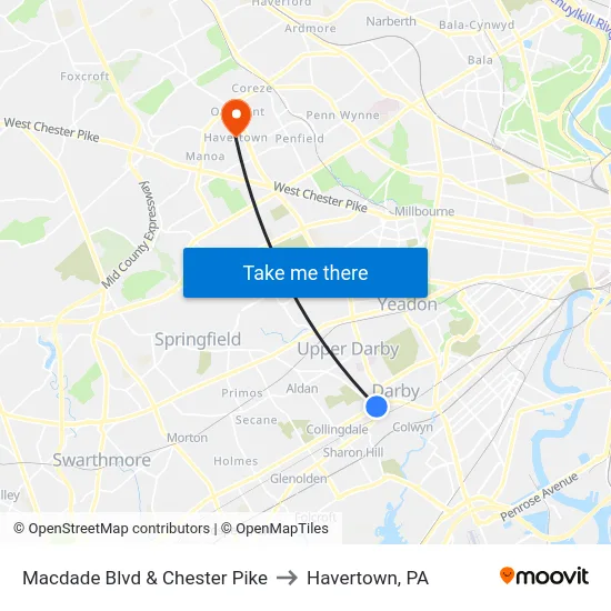 Macdade Blvd & Chester Pike to Havertown, PA map