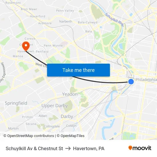 Schuylkill Av & Chestnut St to Havertown, PA map