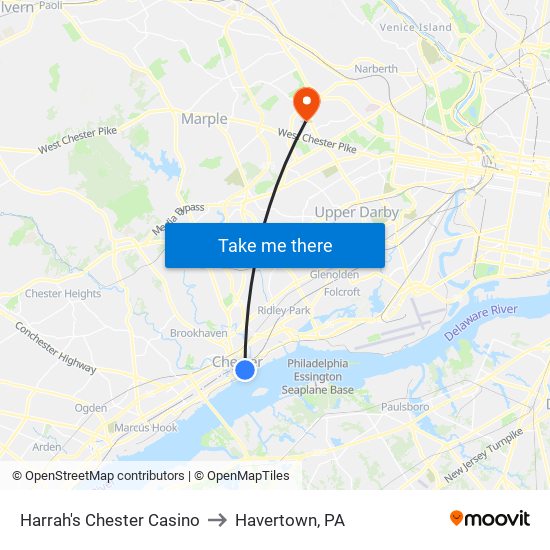 Harrah's Chester Casino to Havertown, PA map