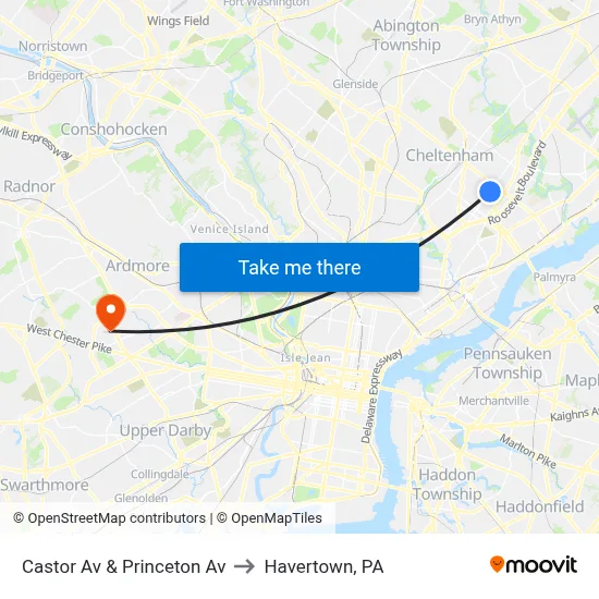 Castor Av & Princeton Av to Havertown, PA map