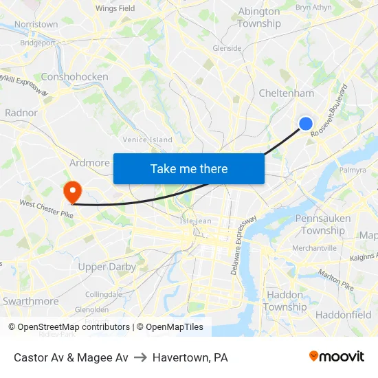 Castor Av & Magee Av to Havertown, PA map