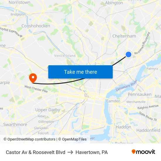 Castor Av & Roosevelt Blvd to Havertown, PA map