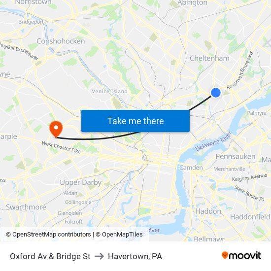 Oxford Av & Bridge St to Havertown, PA map