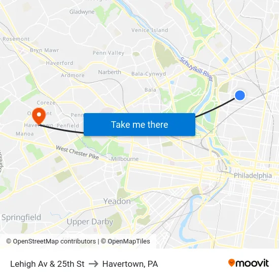 Lehigh Av & 25th St to Havertown, PA map