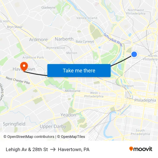 Lehigh Av & 28th St to Havertown, PA map