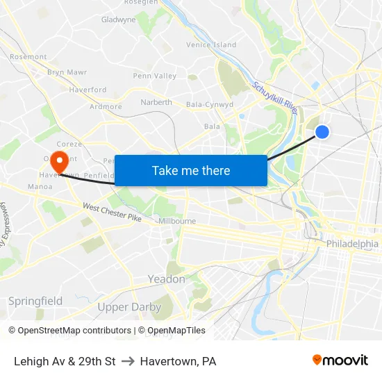 Lehigh Av & 29th St to Havertown, PA map
