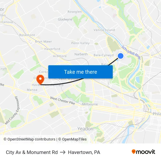 City Av & Monument Rd to Havertown, PA map