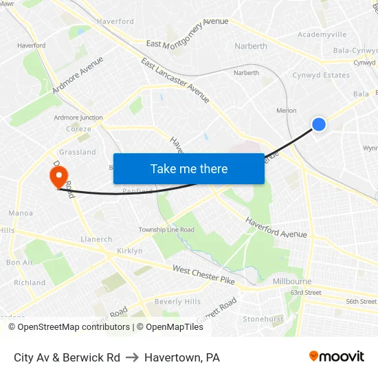 City Av & Berwick Rd to Havertown, PA map