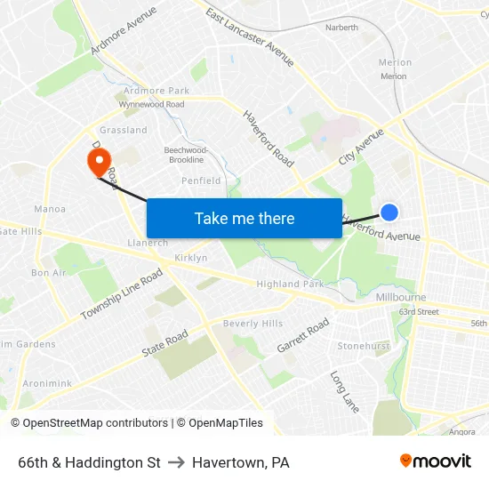 66th & Haddington St to Havertown, PA map