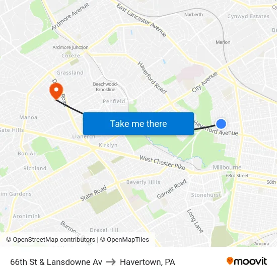 66th St & Lansdowne Av to Havertown, PA map
