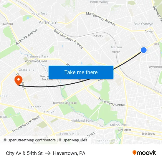 City Av & 54th St to Havertown, PA map