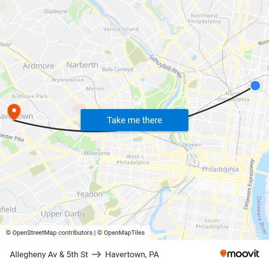 Allegheny Av & 5th St to Havertown, PA map