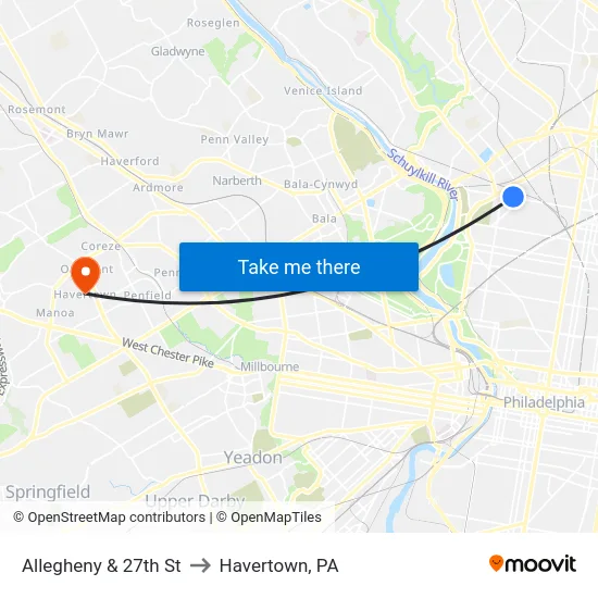 Allegheny & 27th St to Havertown, PA map