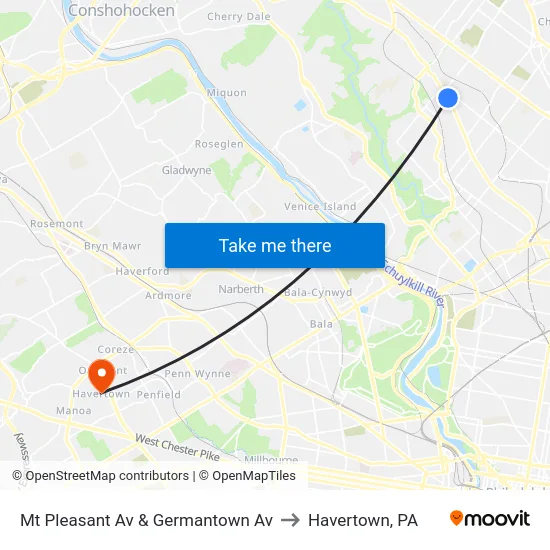 Mt Pleasant Av & Germantown Av to Havertown, PA map