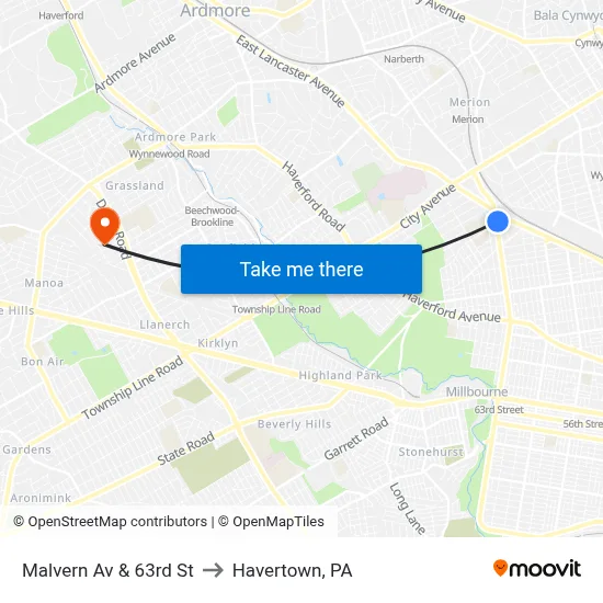 Malvern Av & 63rd St to Havertown, PA map