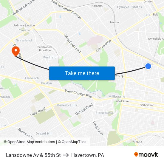 Lansdowne Av & 55th St to Havertown, PA map