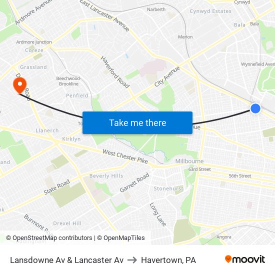 Lansdowne Av & Lancaster Av to Havertown, PA map