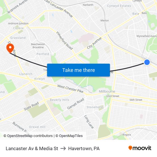 Lancaster Av & Media St to Havertown, PA map