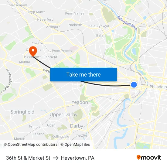 36th St & Market St to Havertown, PA map
