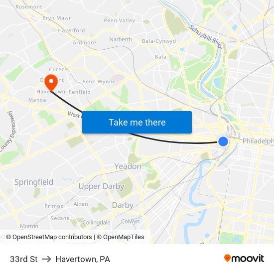 33rd St to Havertown, PA map