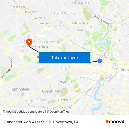 Lancaster Av & 41st St to Havertown, PA map