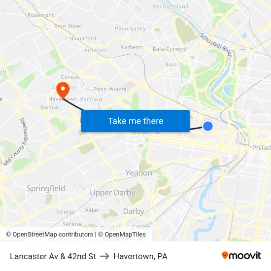 Lancaster Av & 42nd St to Havertown, PA map