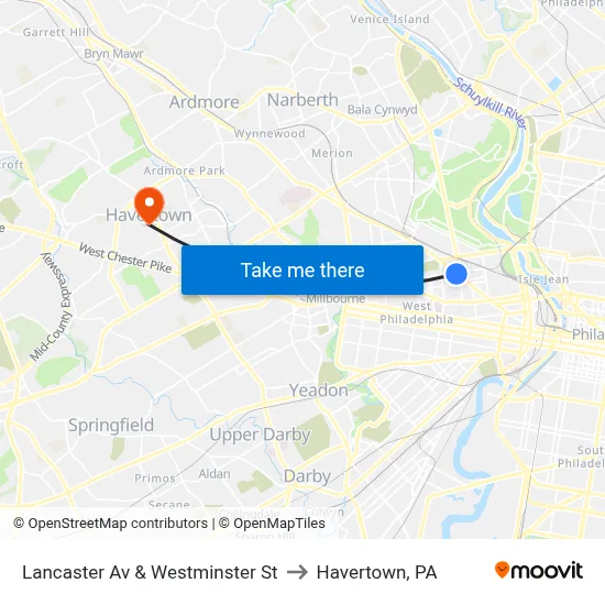 Lancaster Av & Westminster St to Havertown, PA map