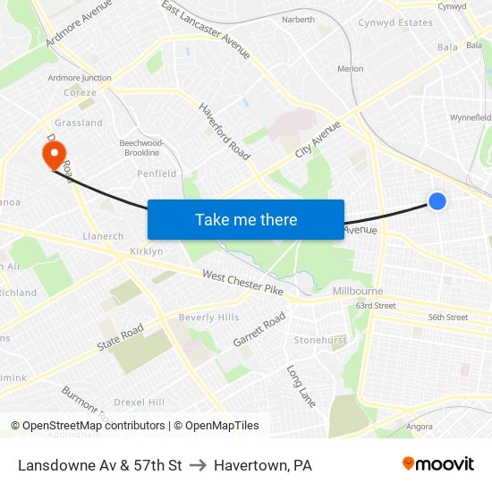 Lansdowne Av & 57th St to Havertown, PA map