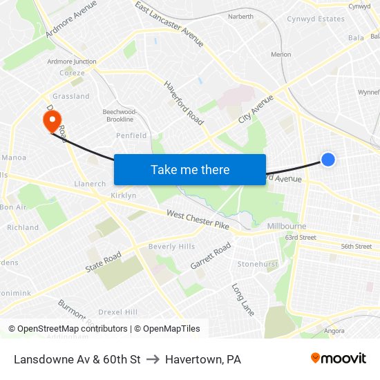 Lansdowne Av & 60th St to Havertown, PA map